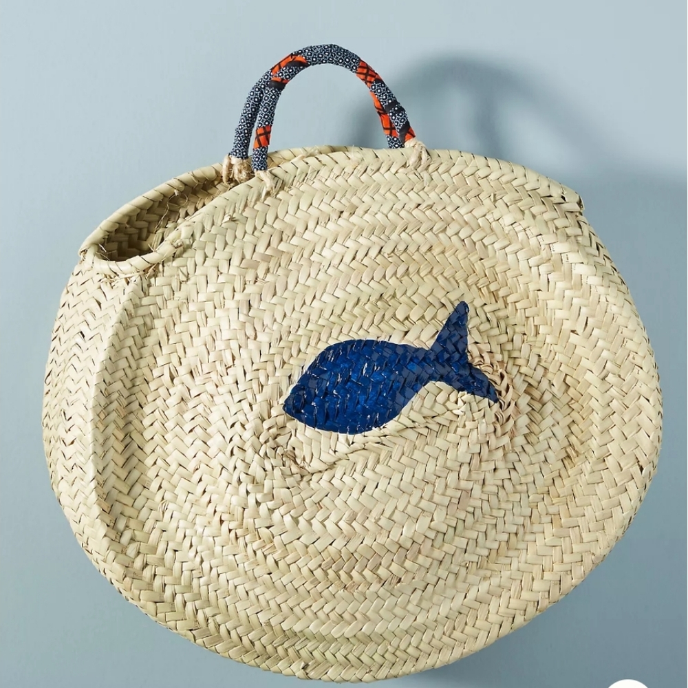 NWT Anthropologie Painted Fish Straw Tote Bag